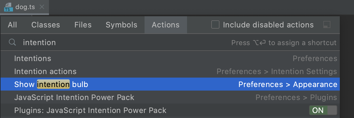 Find an action that toggles WebStorm settings and open the corresponding page in the Settings/Preferences dialog.