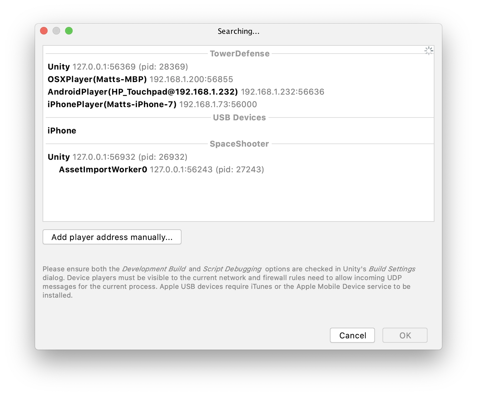 Attach to Unity Process dialog listing Unity editor, child processes, standalone and remote players and an iPhone attached via USB