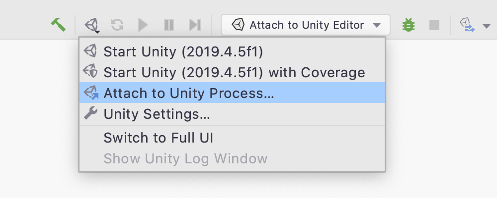 The Unity logo menu in the main toolbar will open the Attach to Unity Process dialog