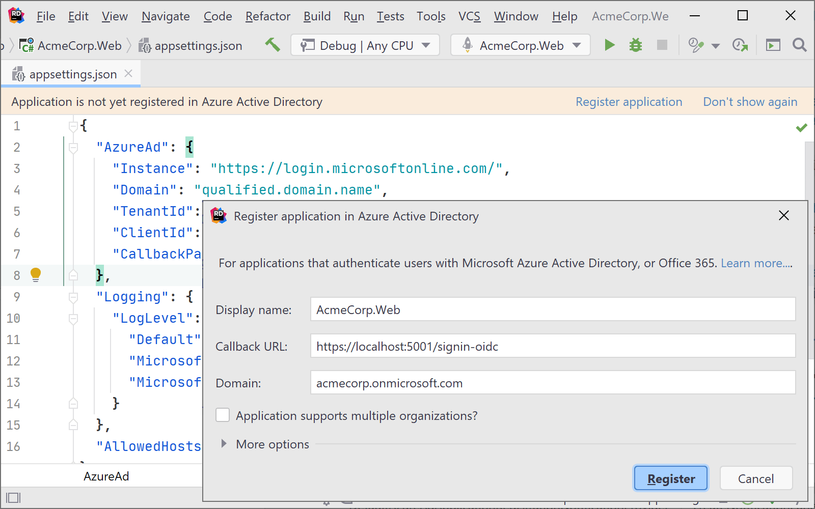 Azure Active Directory Application registration in Rider