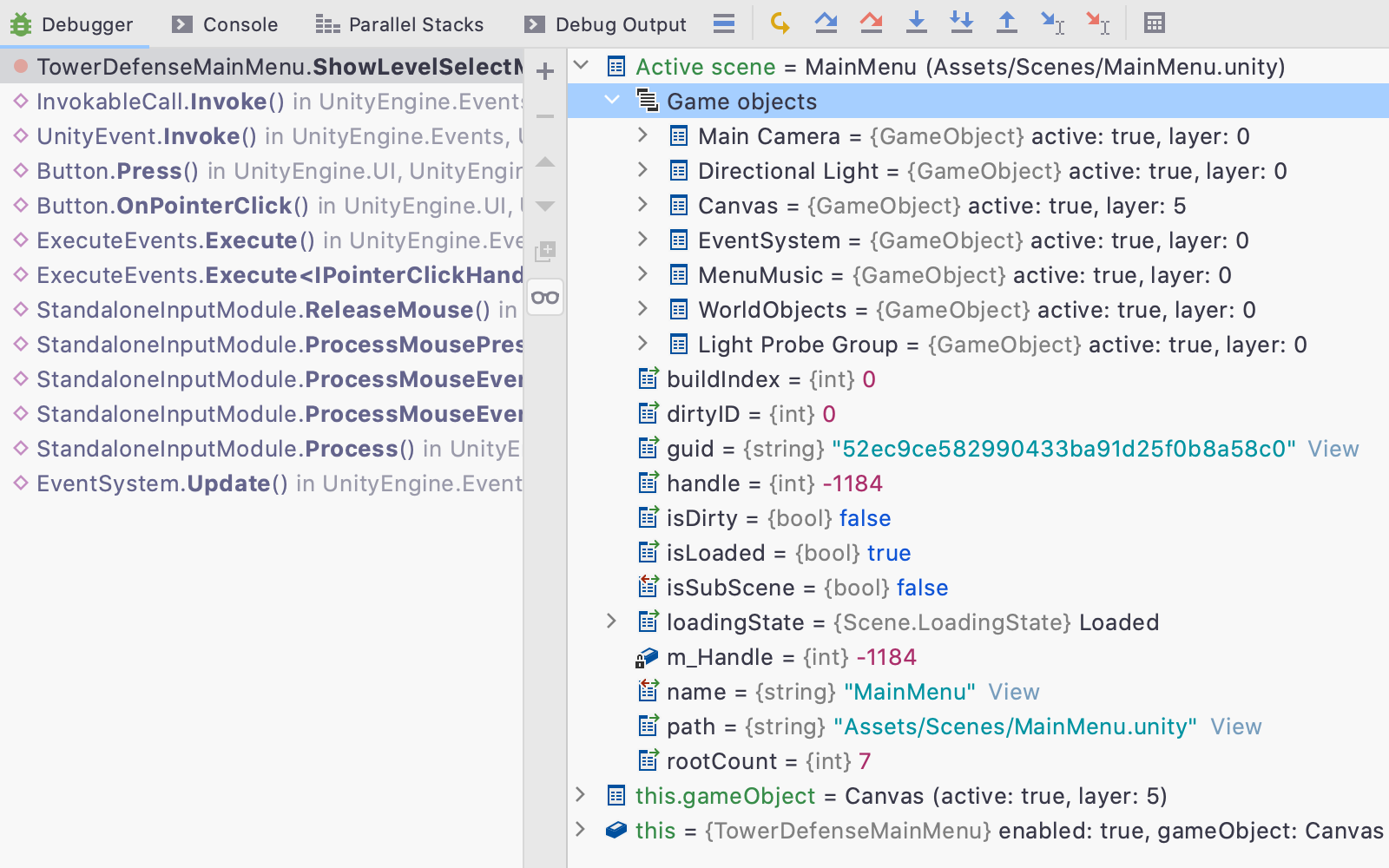 Debugger view of stack frames and variables