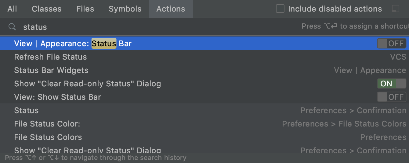 Showing and hiding controls from the Find Action dialog