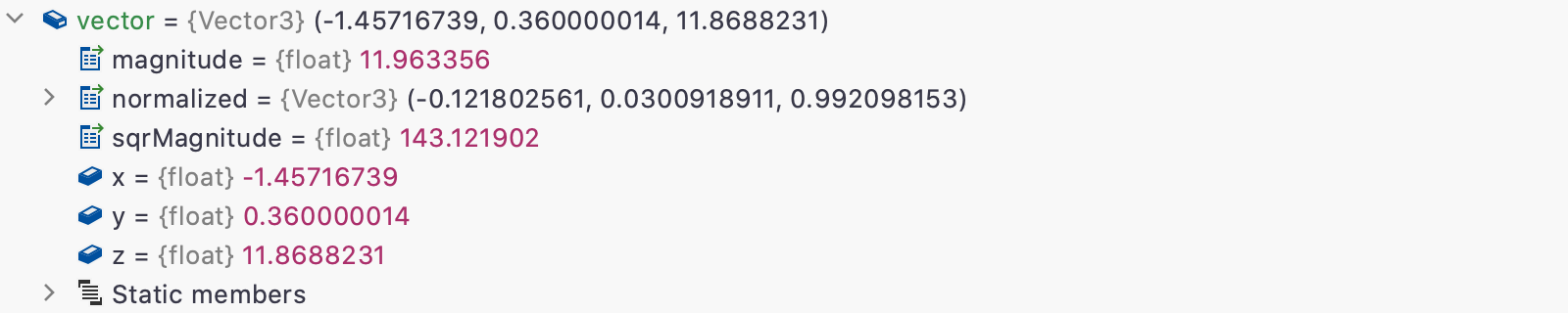 Vector3 showing full values for x, y and z in summary information