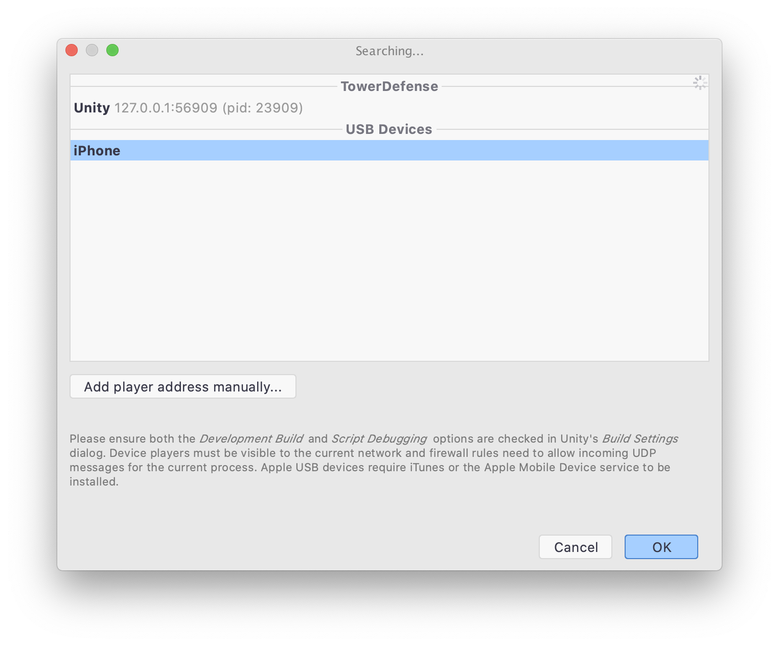 Attach to Unity Process dialog listing iPhone in USB Devices