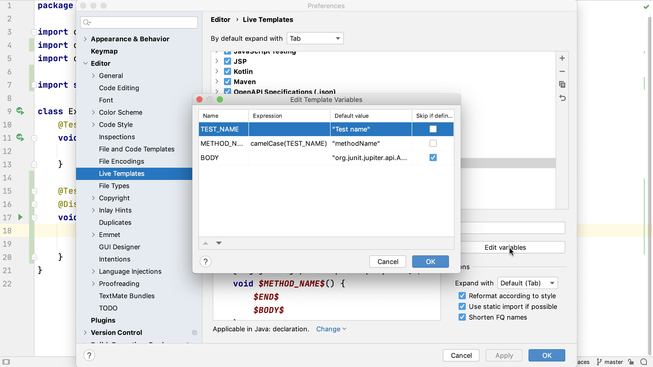 Live template variables