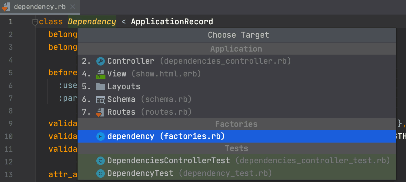 Navigate from factories to its related entities