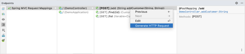 Generate HTTP request from the Endpoints tool window