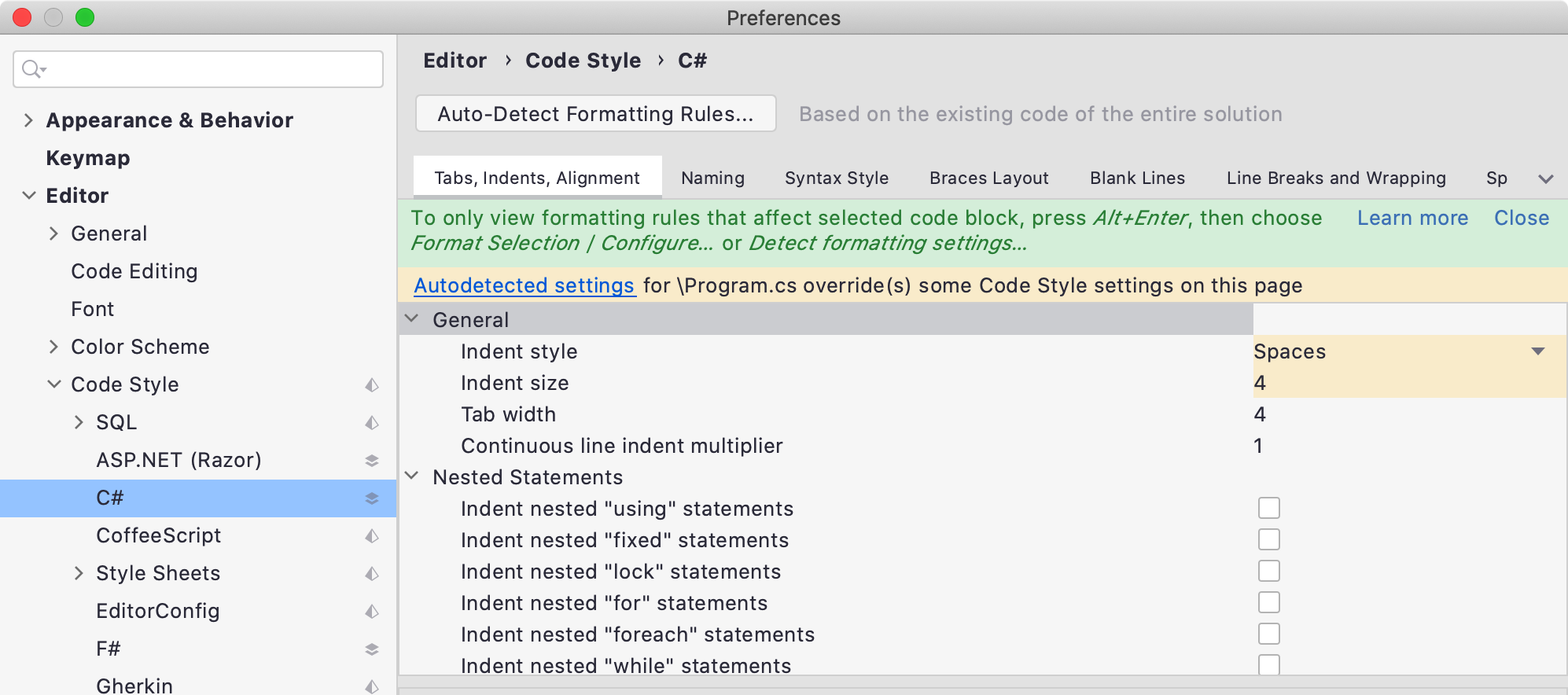 code style auto-detect dialog window in Rider