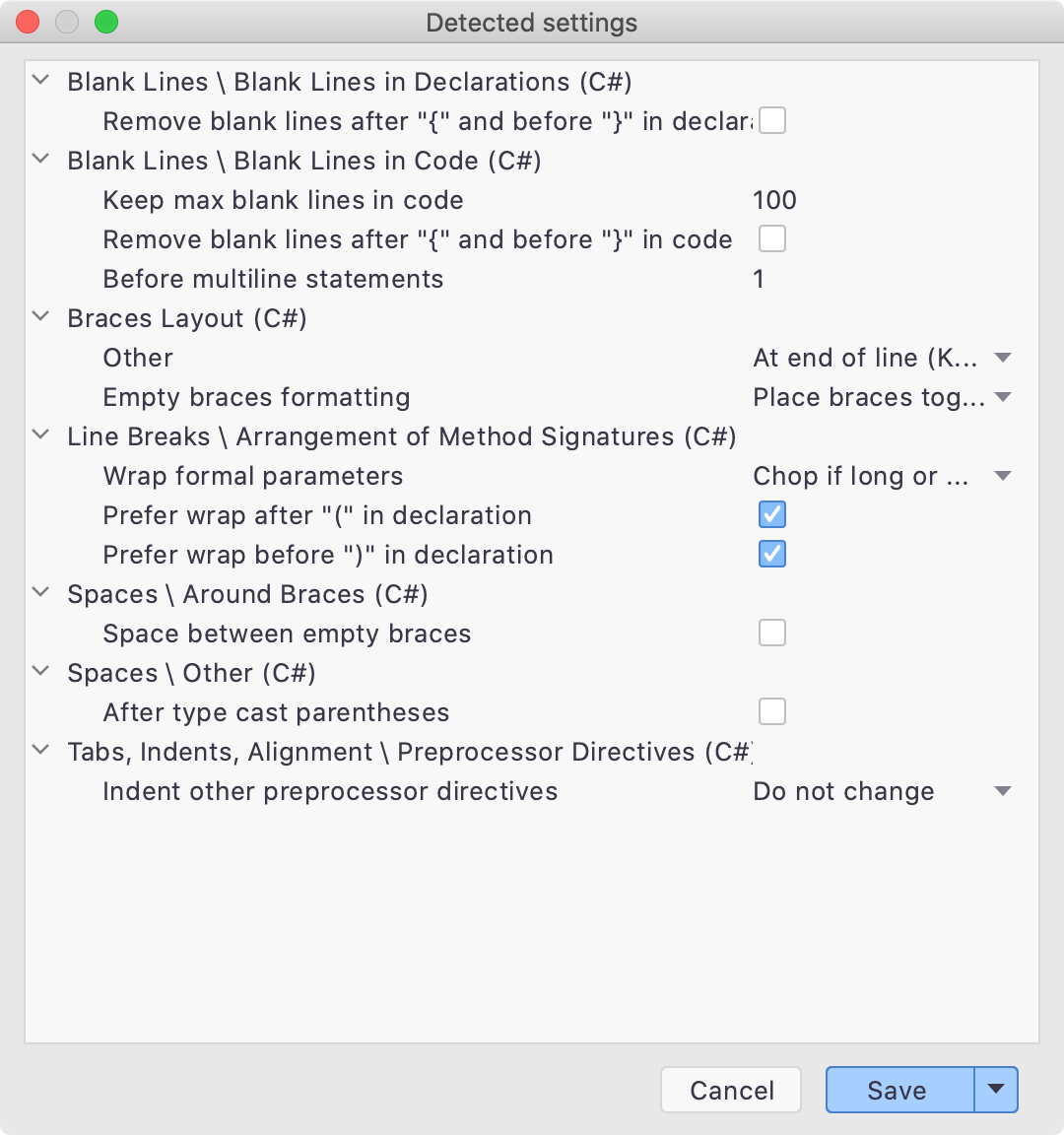 detected formatting rules in Rider