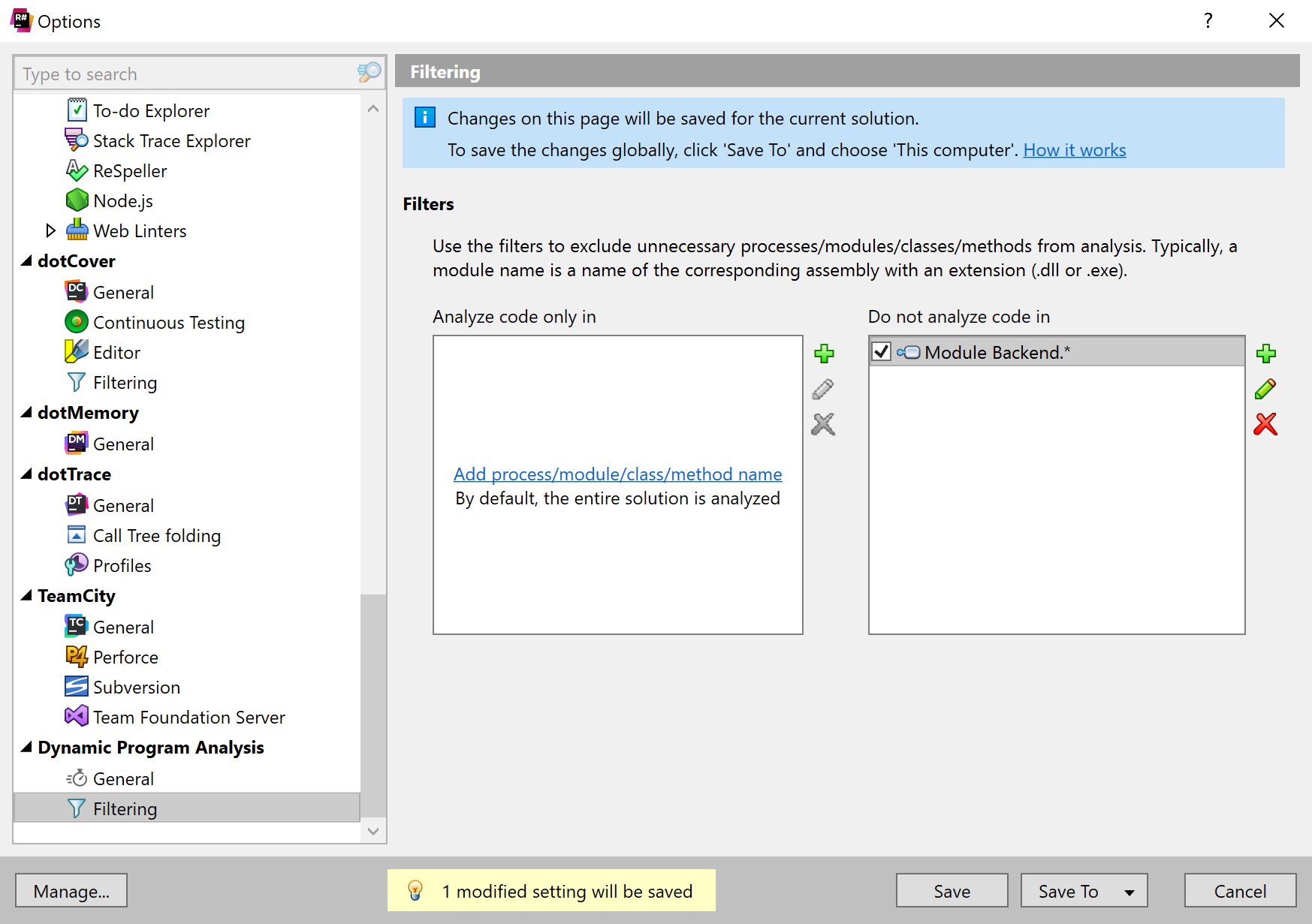 Dynamic Program Analysis in ReSharper. Filters