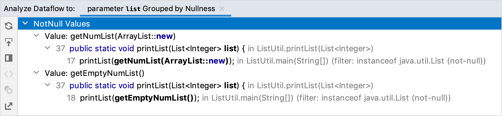 Group by nullness tab in Analyze Dataflow dialog