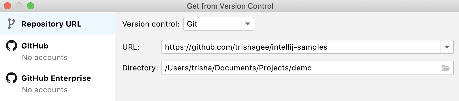 IntelliJ clone git project