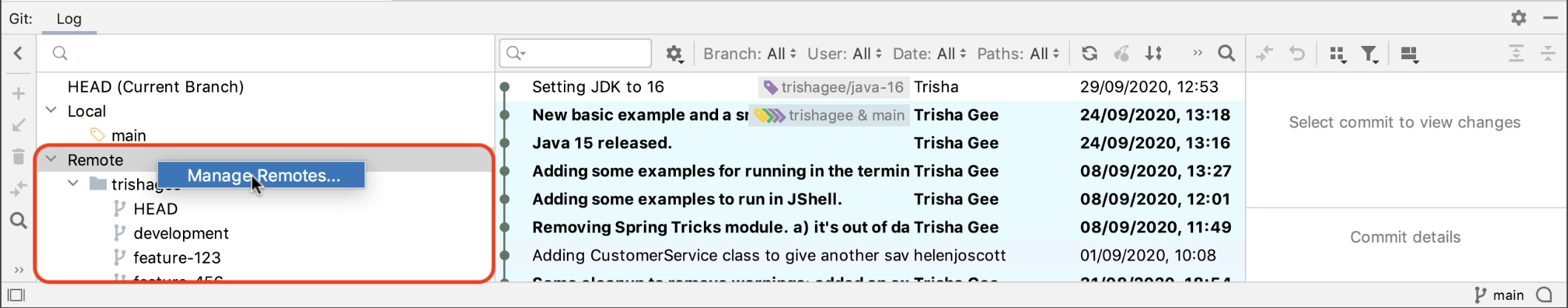 IntelliJ manage remotes by right click