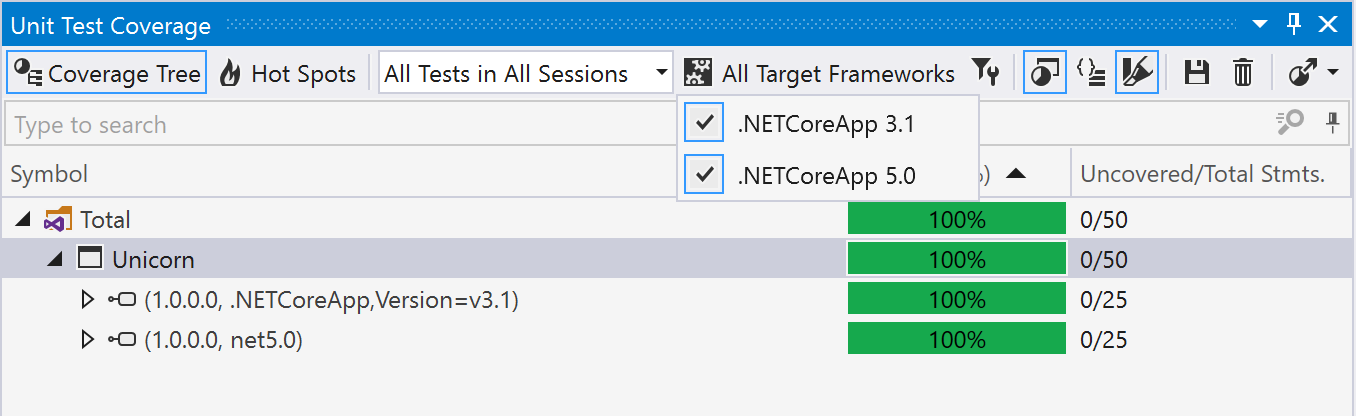 target framework options in unit test coverage tool window