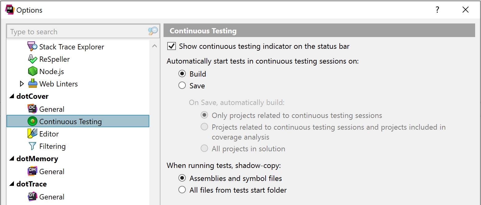 continuous testing preferences pane
