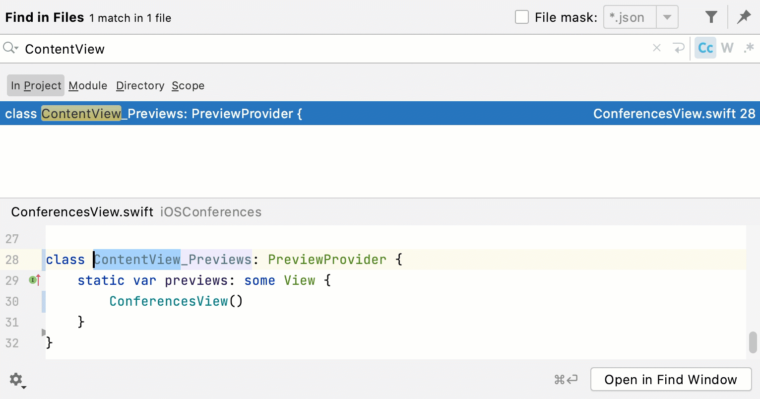 appcode dismiss find in path