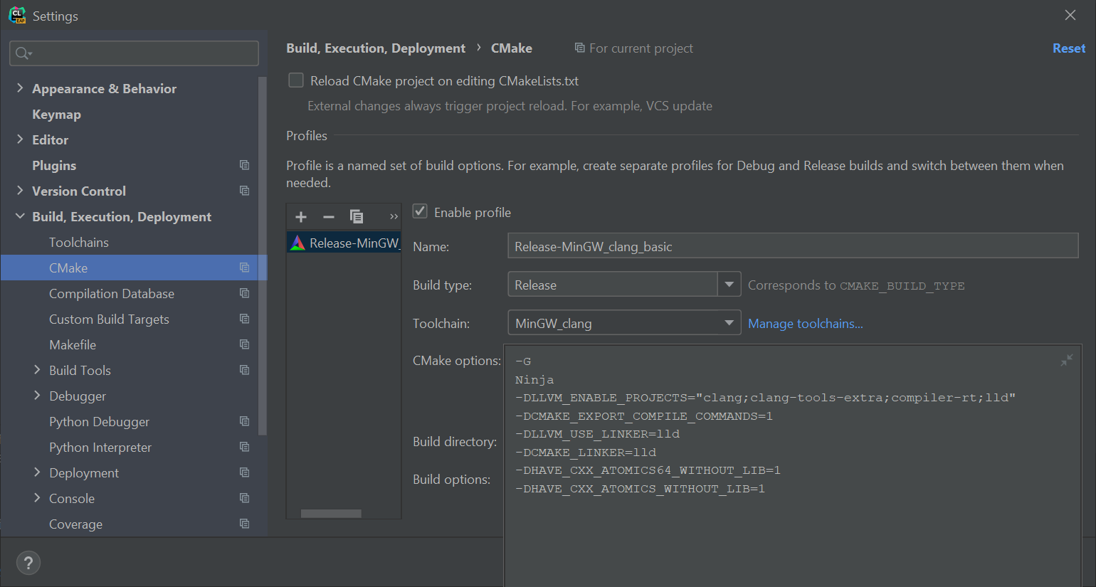 Cmake example. CLION profiling 255. Show Compilation details CLION only linking.