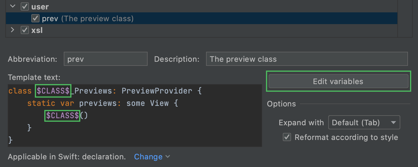 Live template with custom variables