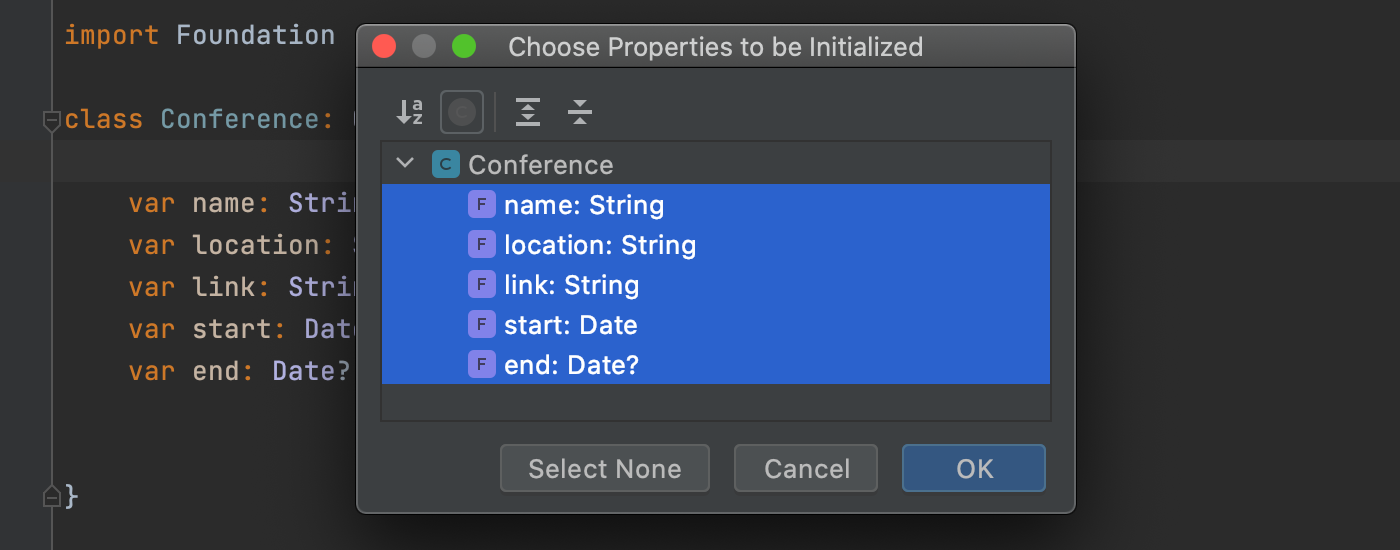 Select properties to initialize
