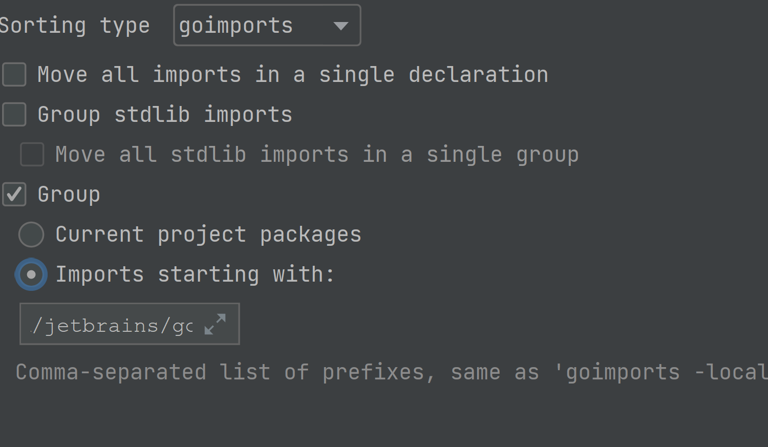 Configure goimports -local support in the IDE