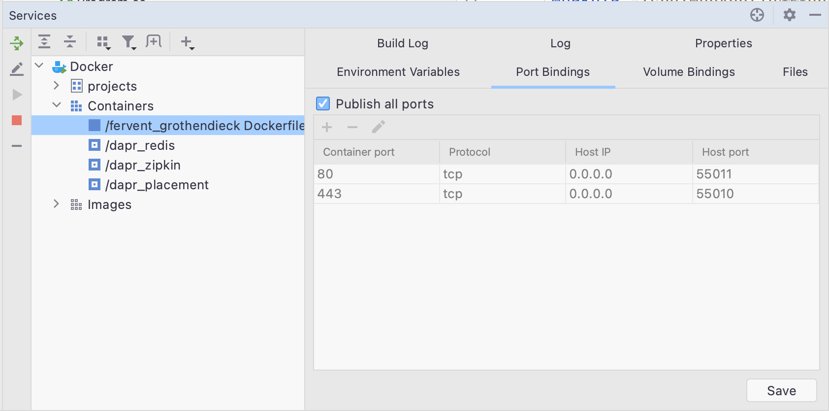 Docker publish all ports in Services window