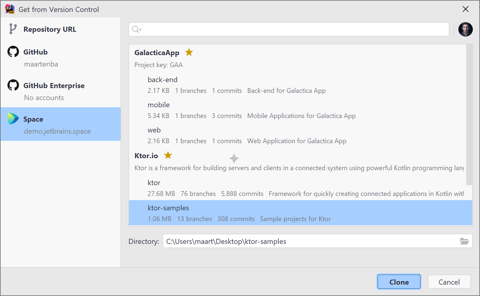 Clone Git repository from Space