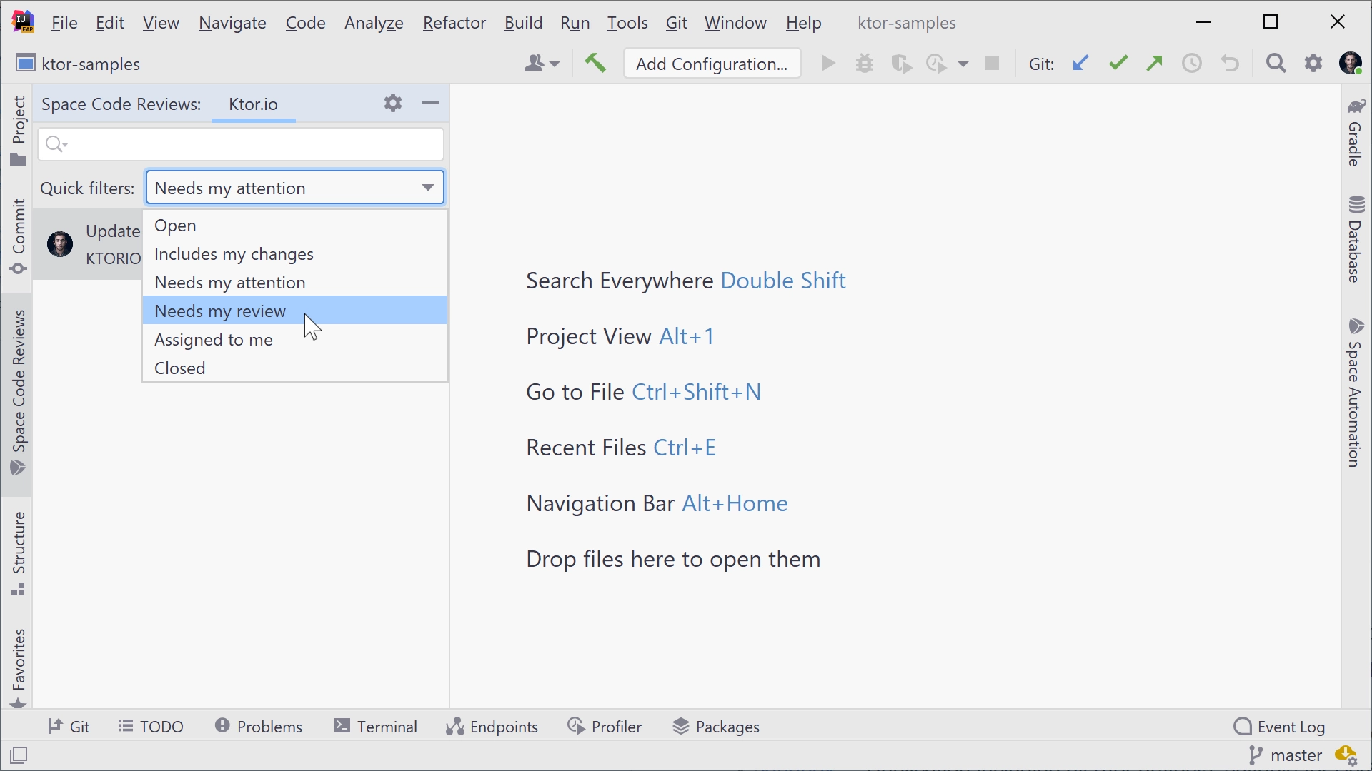 Ventana de herramientas de revisiones de código de Space en IntelliJ IDEA