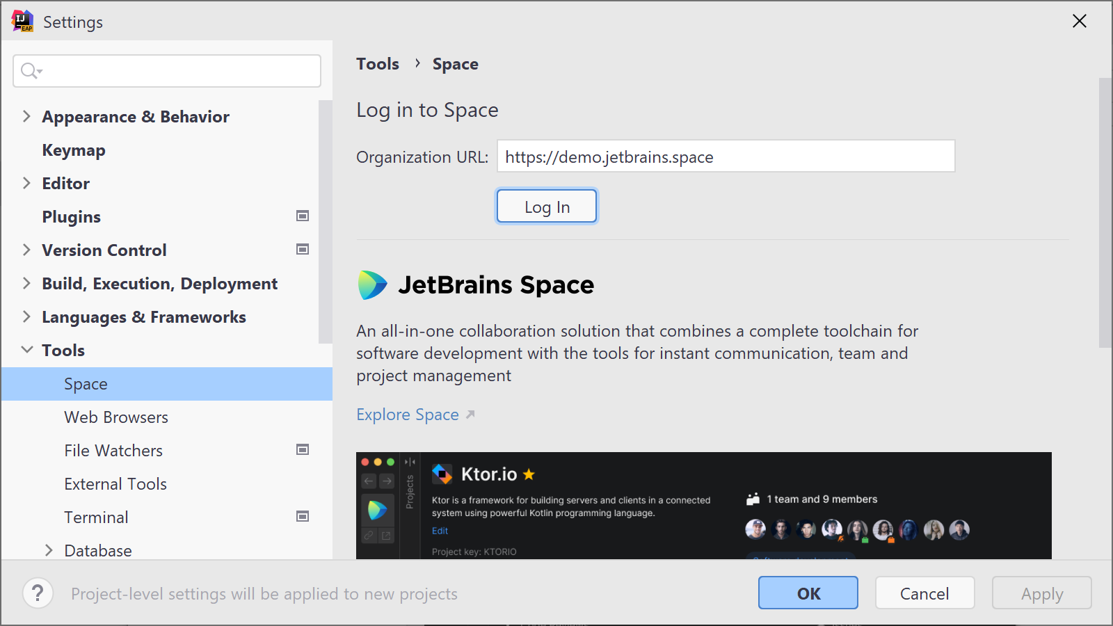 Log in to Space from the IDE
