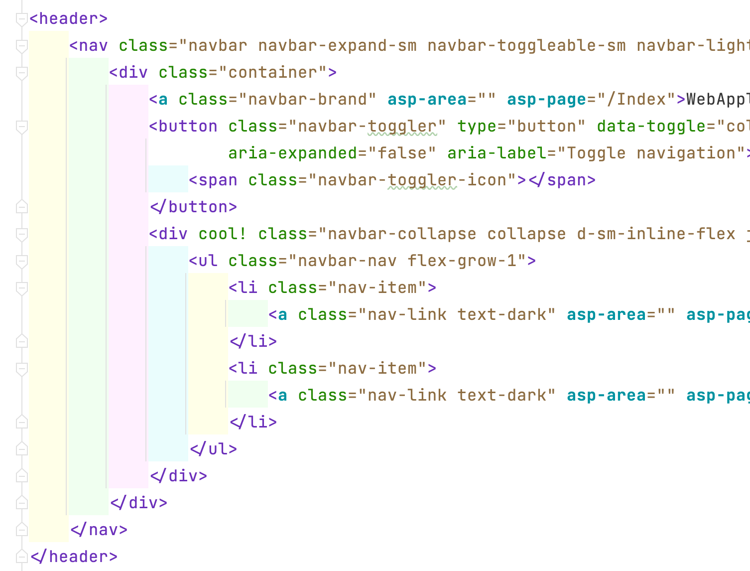 Indent Rainbow in Rider showing blocks of HTML.