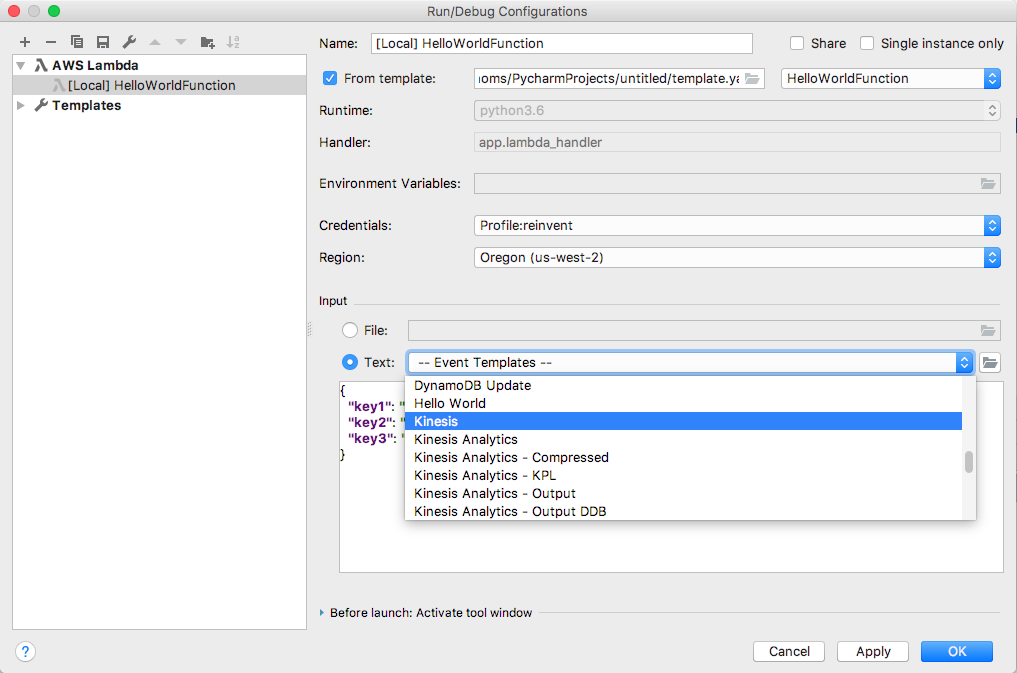 AWS Toolkit deploying a AWS Lambda function.