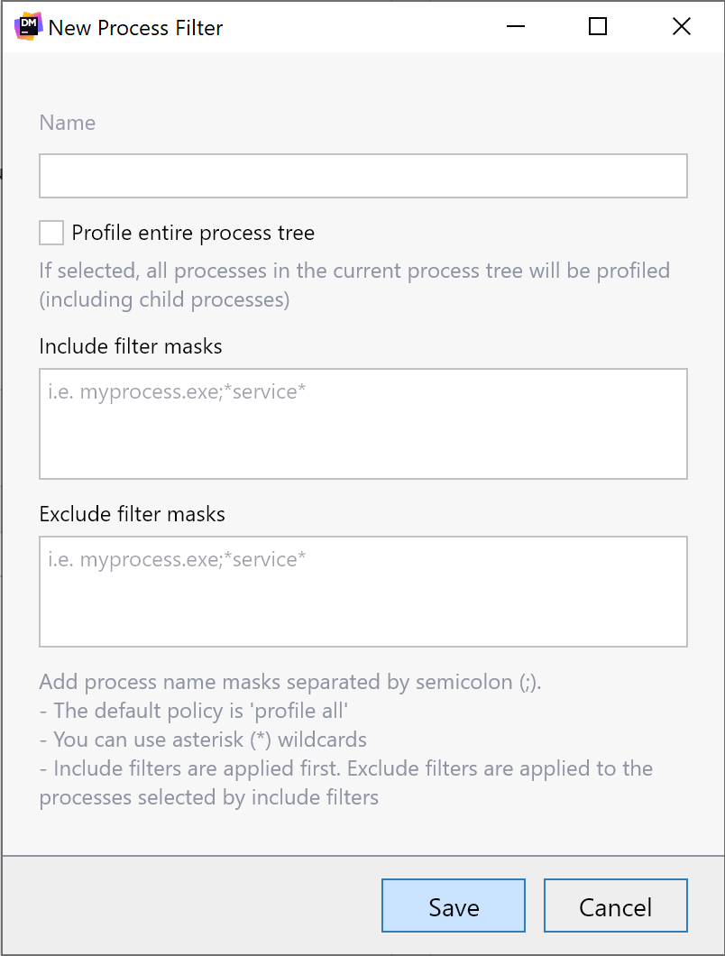 New process filter dialog for profiling sessions in dotMemory.