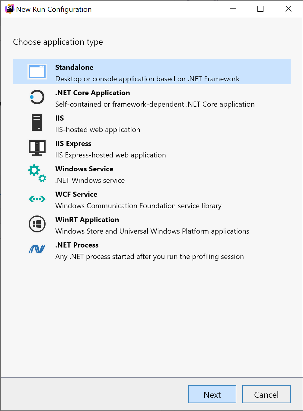 The new run configuration dialog from dotMemory 2021.1.