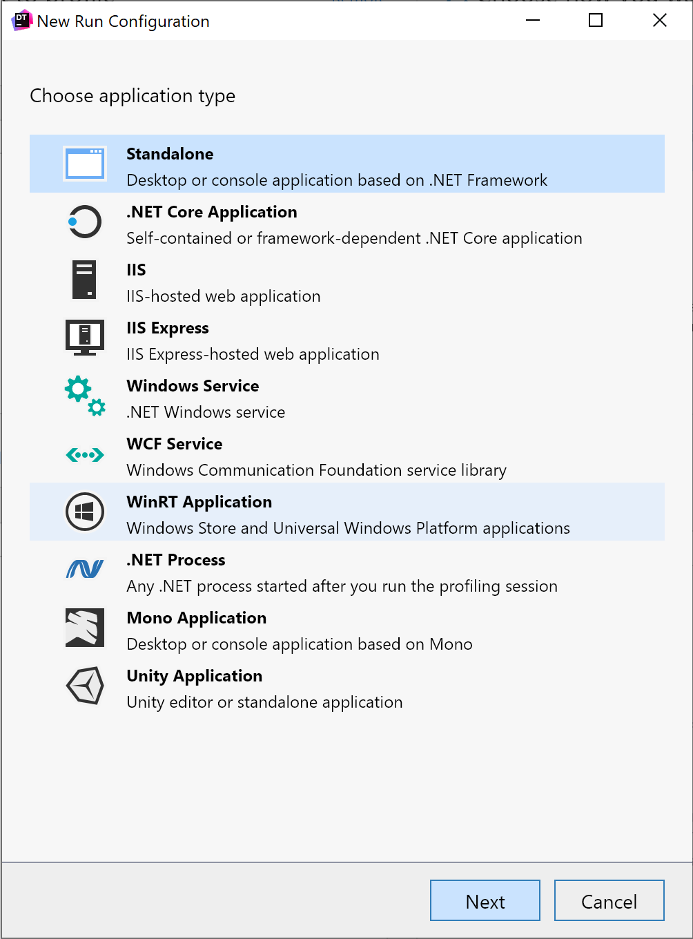 dotTrace new run configurations dialog screen in 2021.1.