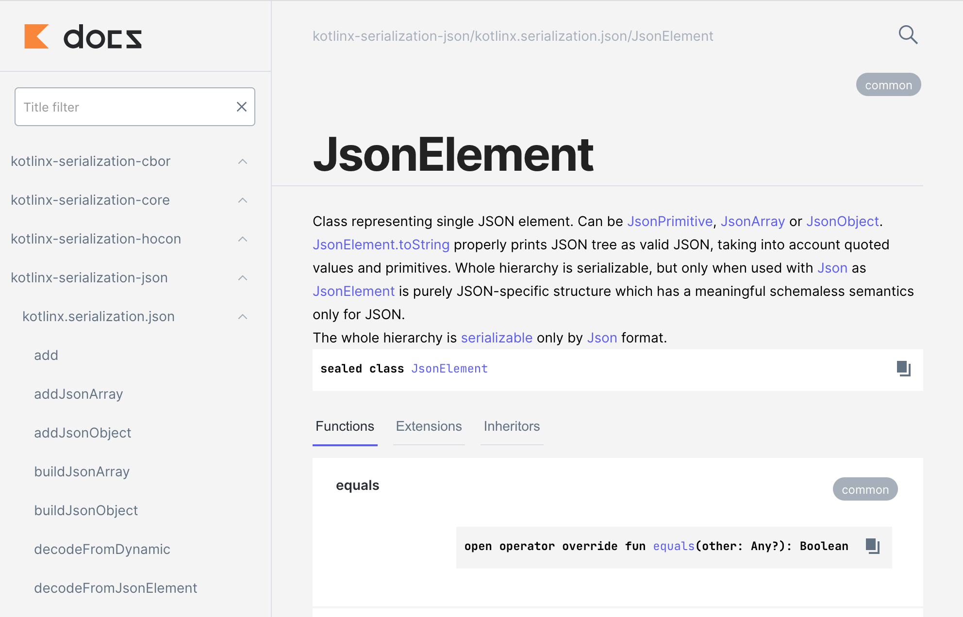 新しい API ドキュメントの例、表示されているのは JsonElement ドキュメント