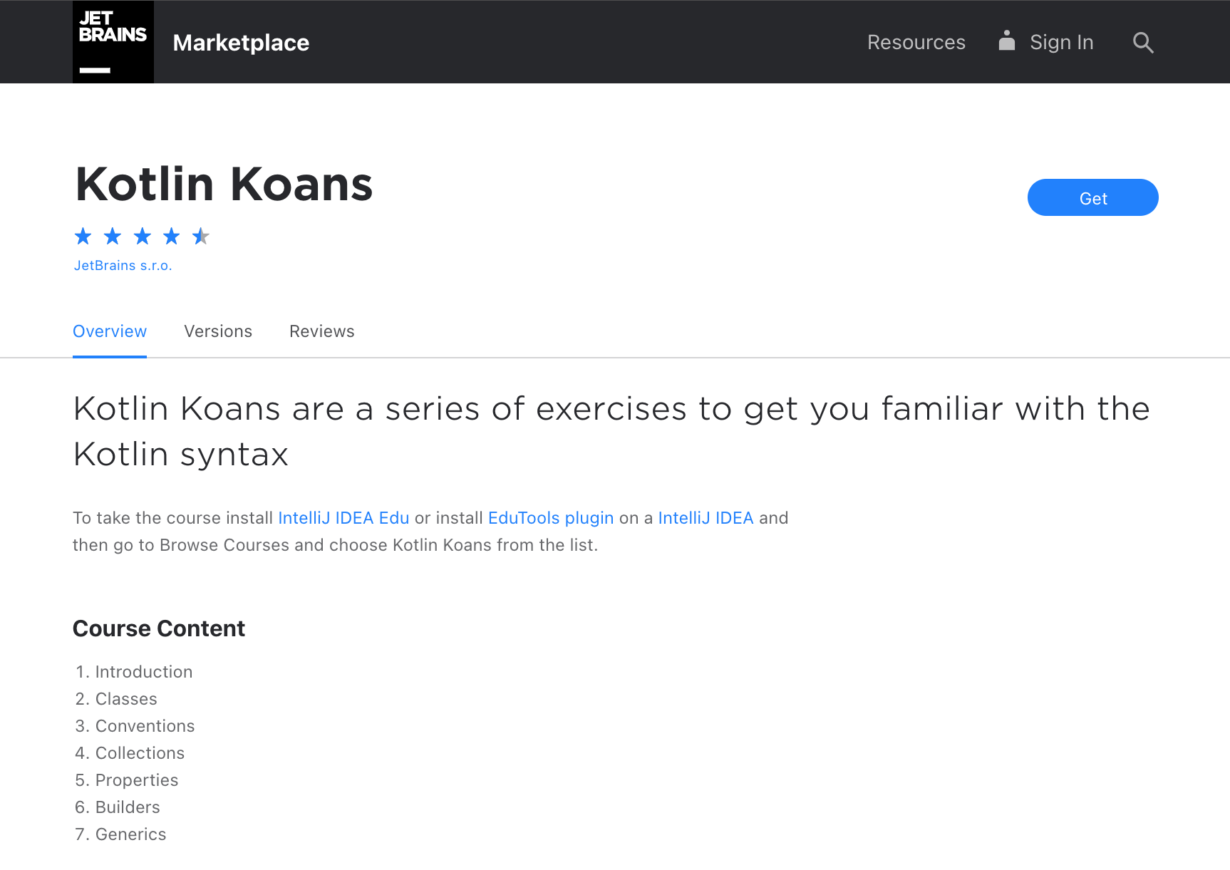 The Kotlin Koans course page on the Marketplace