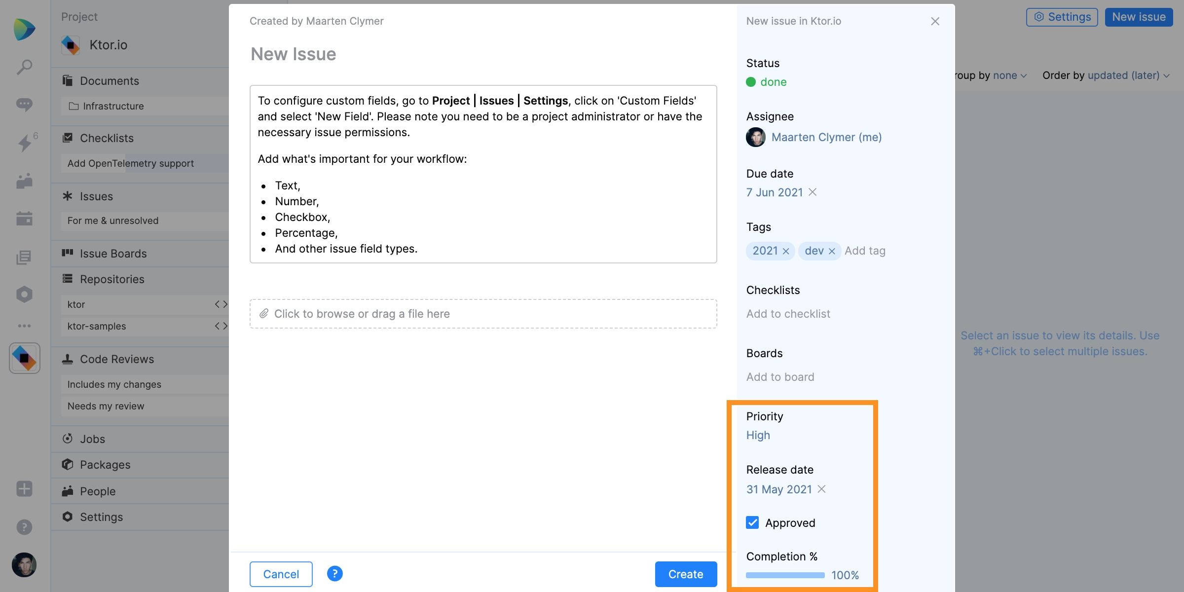 Store your issue data using custom issue fields in Space