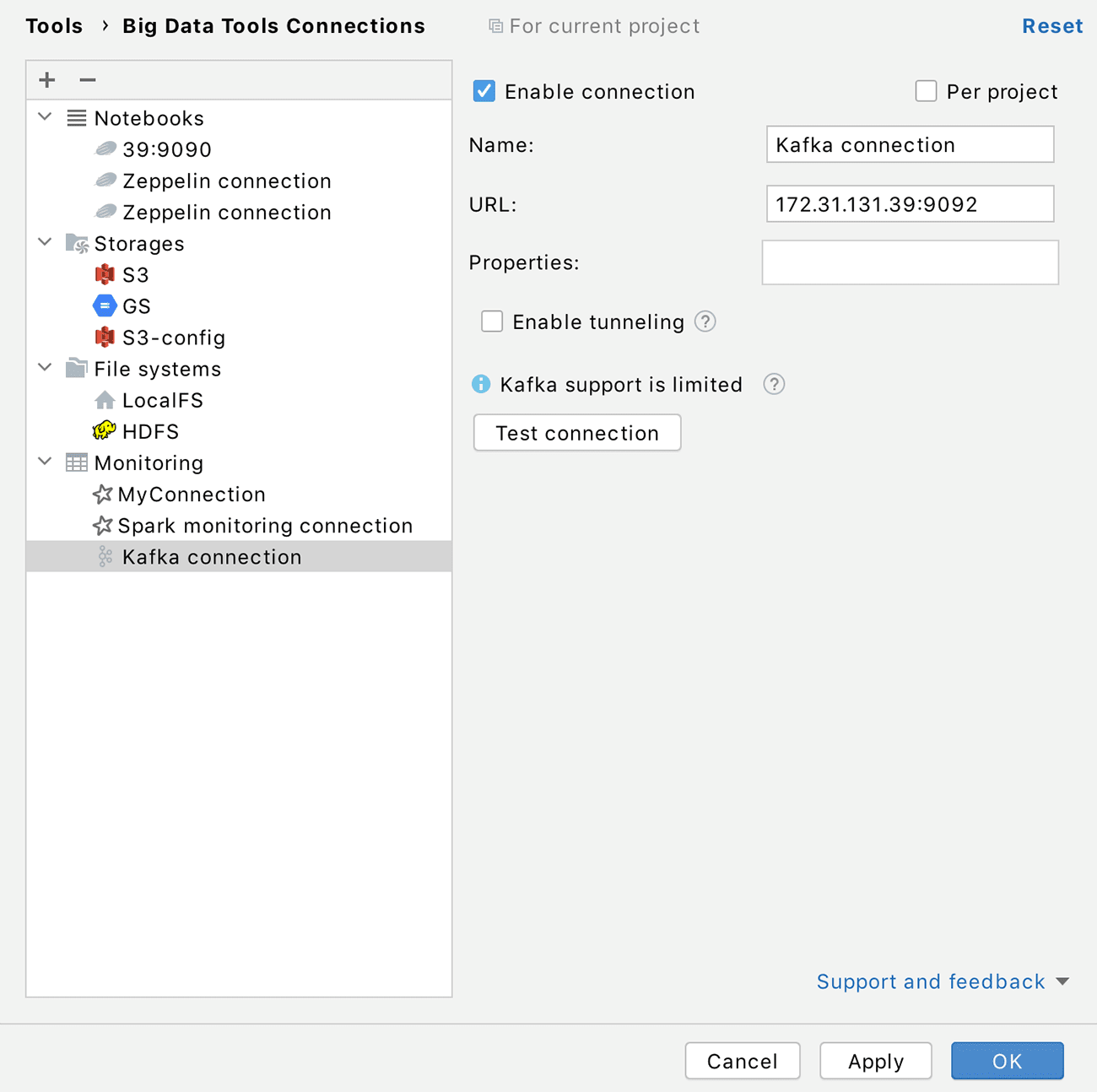 Kafka Monitoring Settings Window