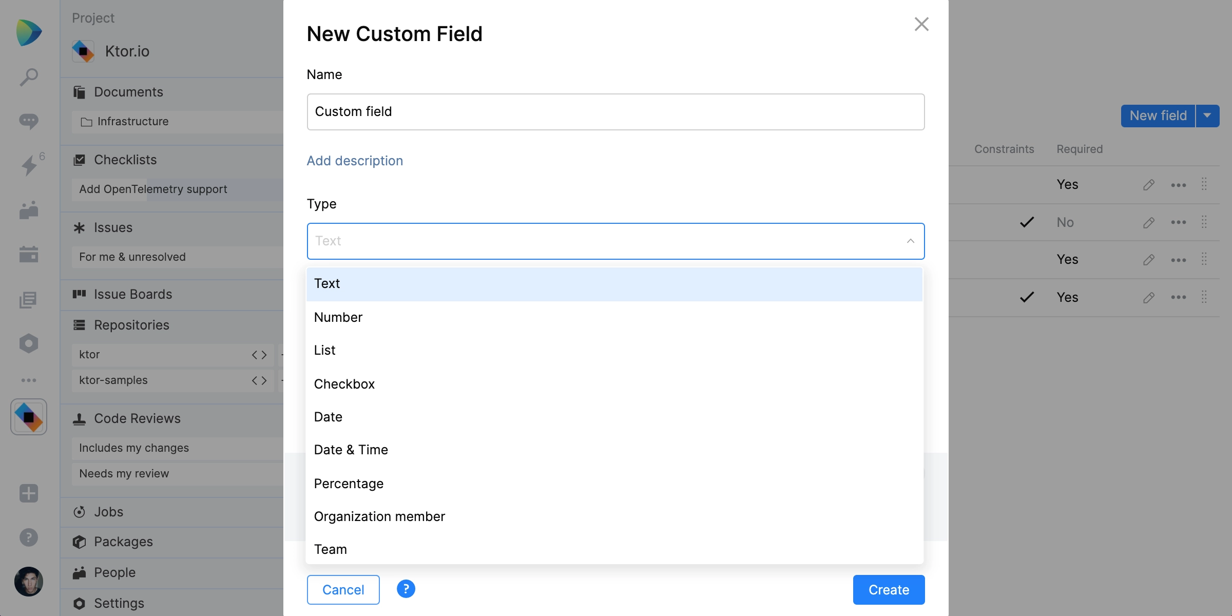 Custom issue field types in Space