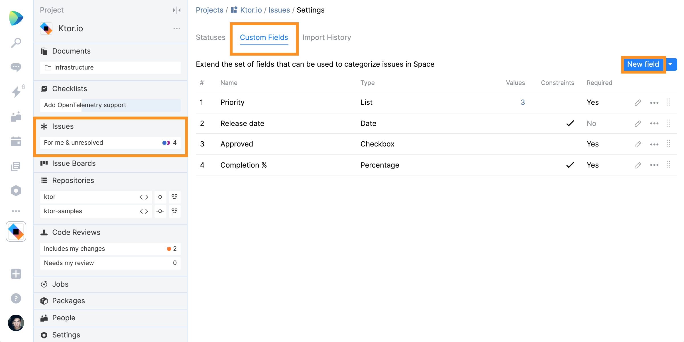 Create custom fields in Space Issues