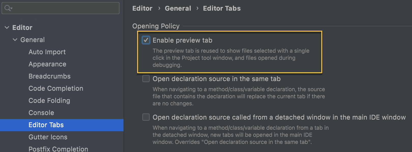 Preview tabs settings