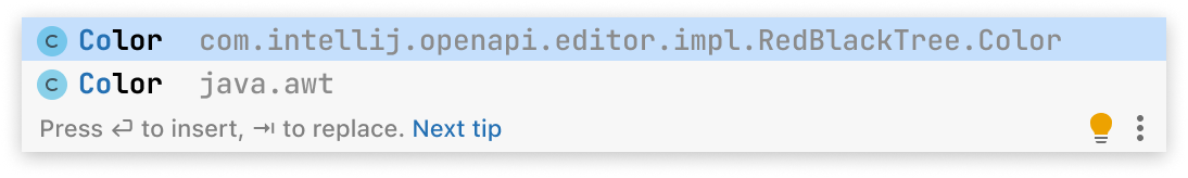 A code completion popup with two entries.
First entry is Color class from com.intellij.openapi.editor.impl package.
Second entry is Color class from java.awt package.