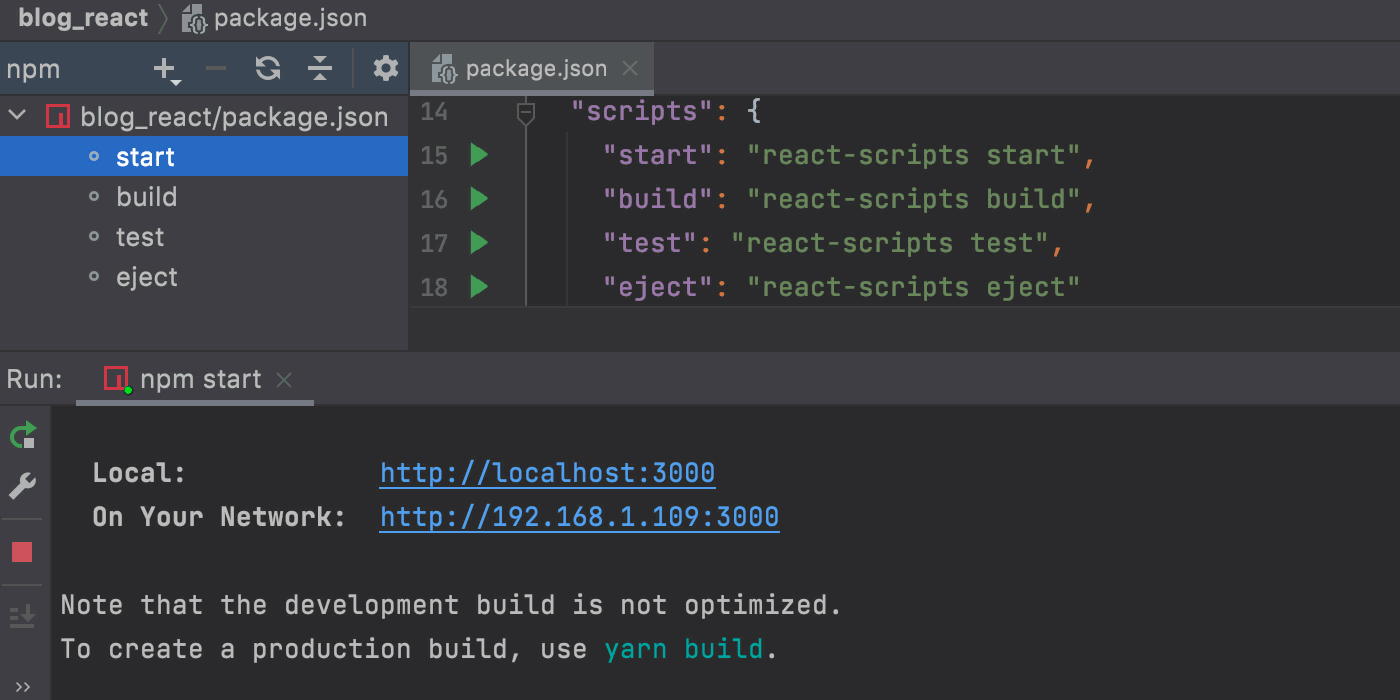 Run a React app in the development mode from the npm tool window.