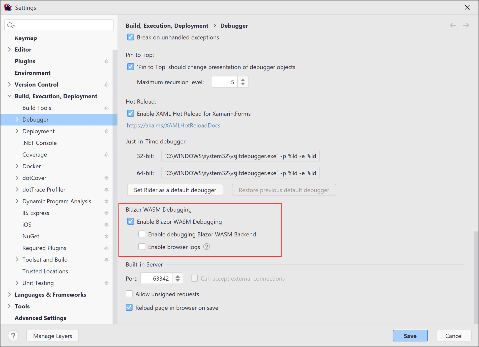 Settings for WASM debugging