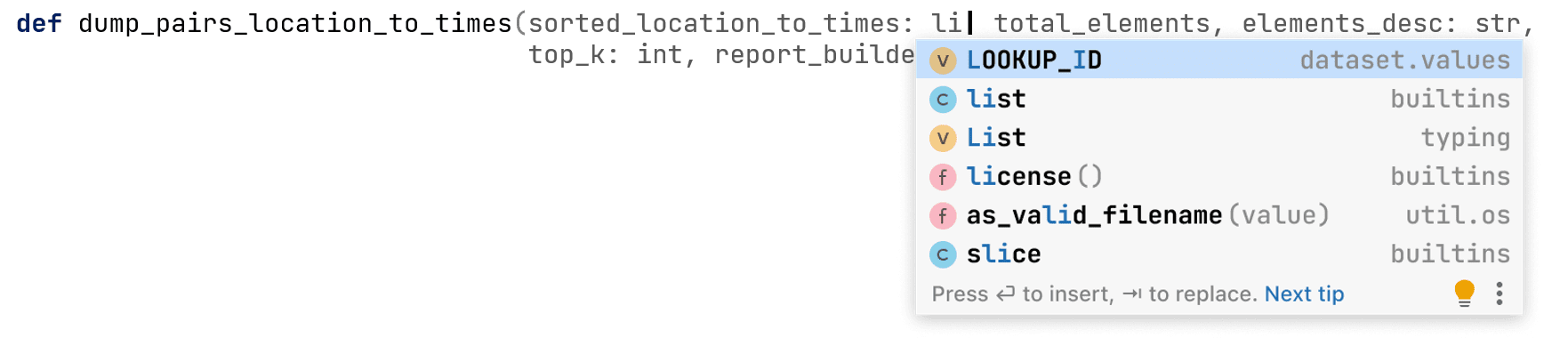 A screenshot of a code completion popup for python language. The screenshot demonstrates how inconvenient it is when the suggestions of different types are mixed.