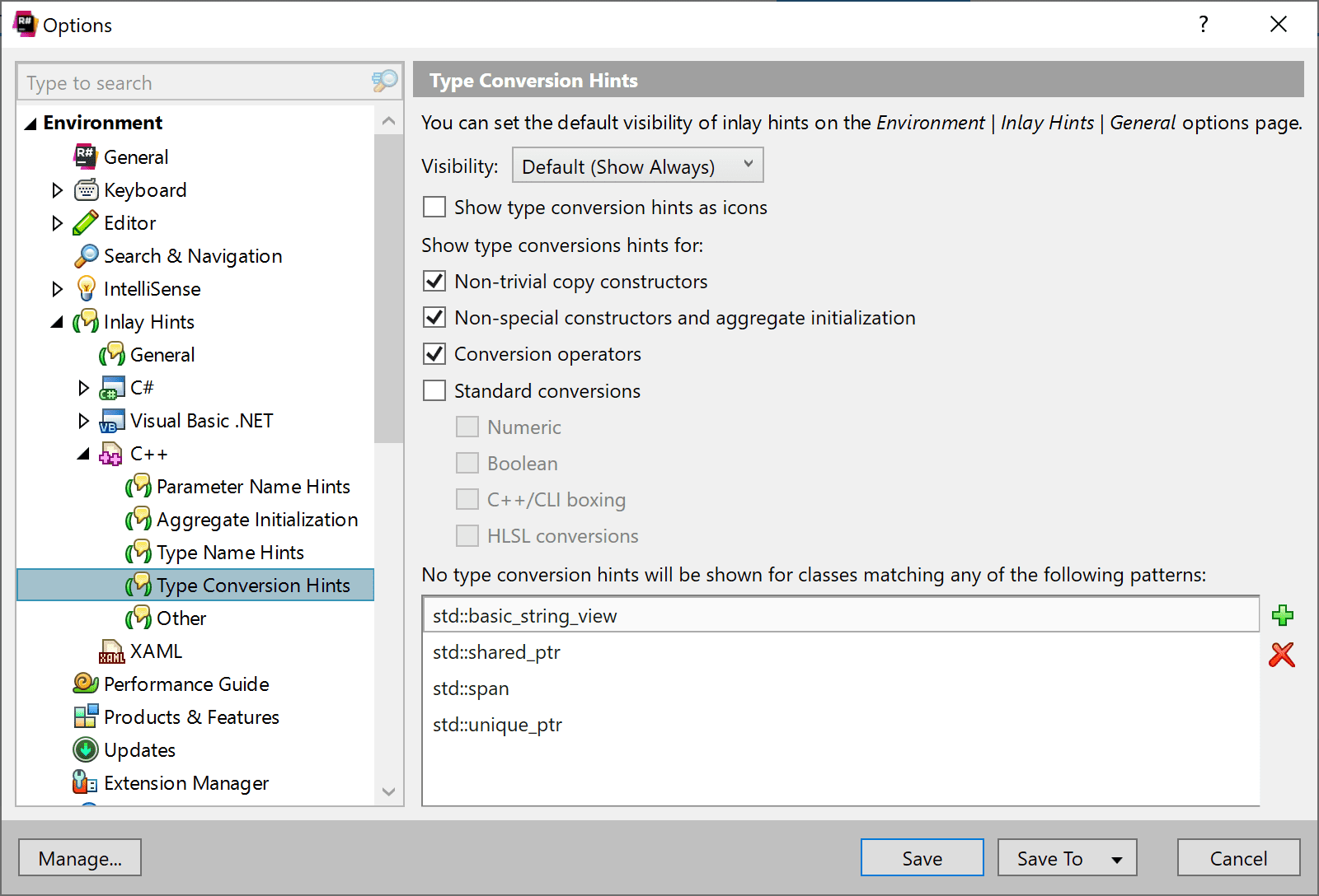 ReSharper | Options | Environment | Inlay Hints | C++ | Type Conversion Hints