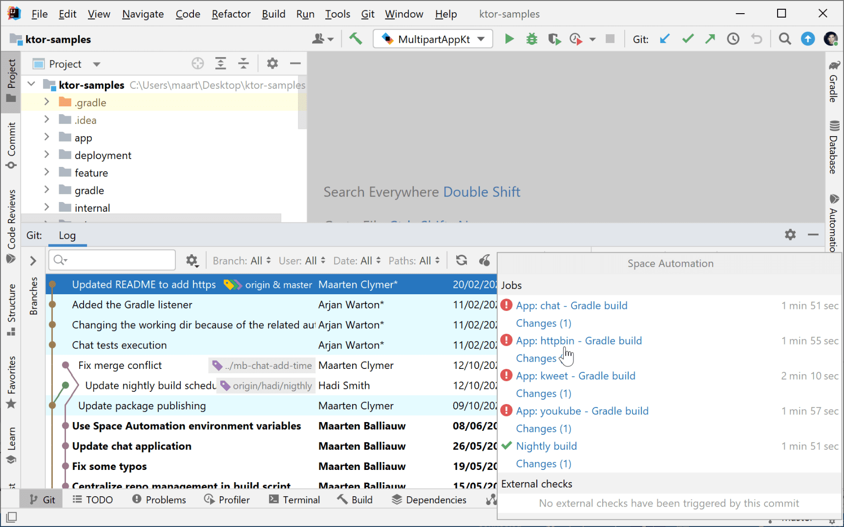 Automation job status in the Git log