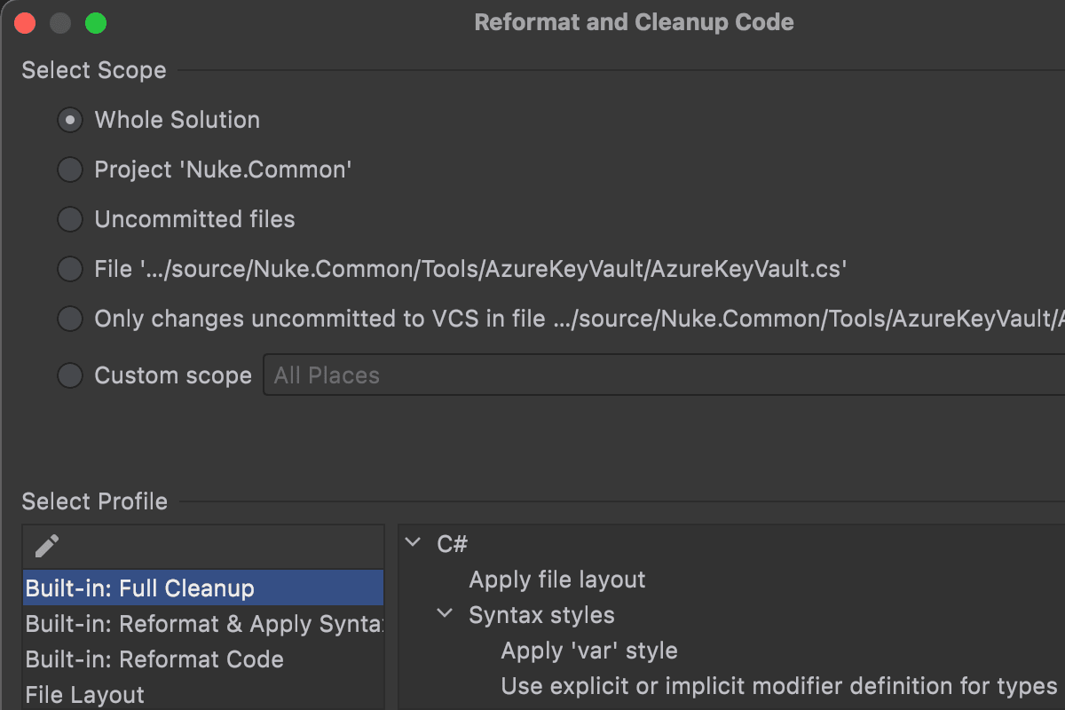 Reformat and Cleanup Code dialog in Rider 2021.2