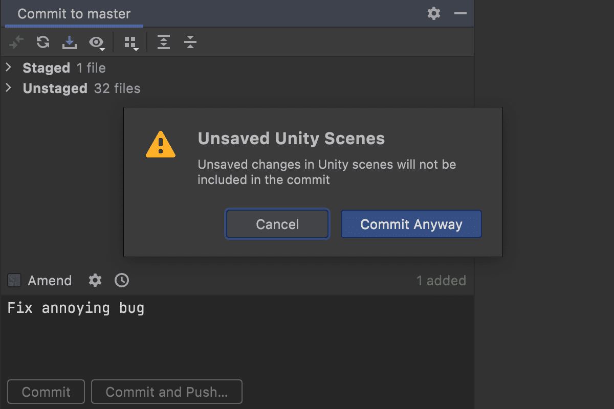 Rider 2021.2 checks if any Unity scenes are open and unsaved before you commit code.