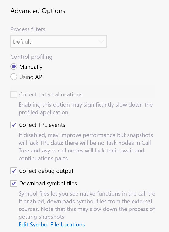 dotTrace advanced options, including the "download symbol files" option