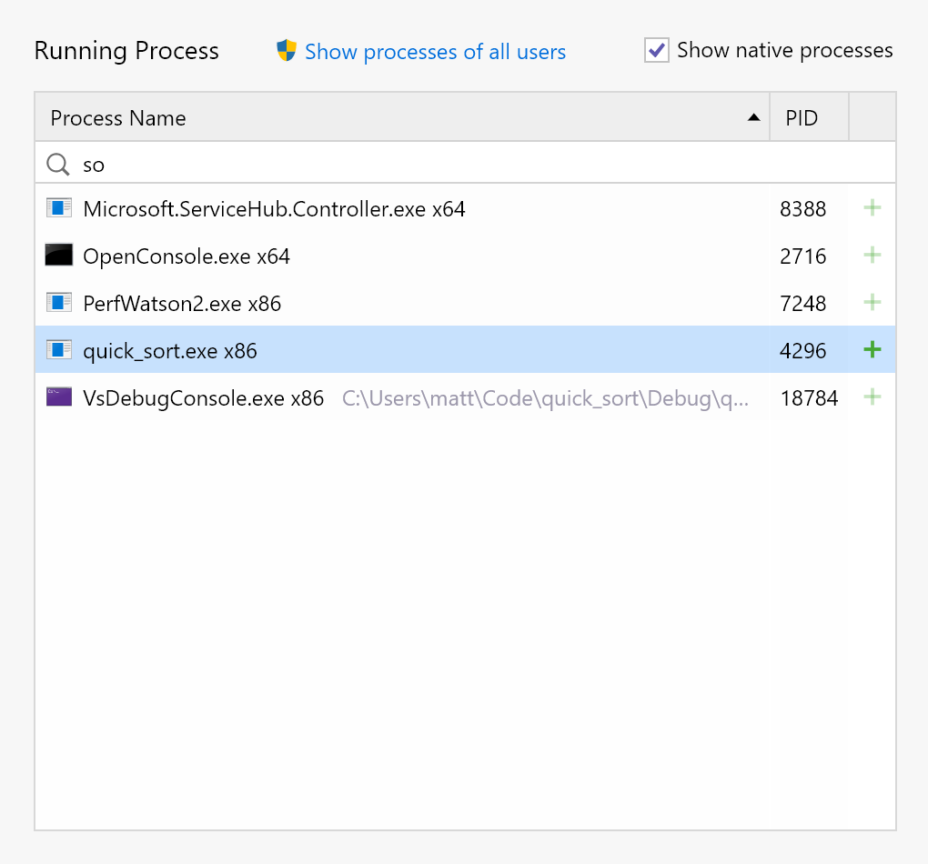 The dotTrace home screen shows running processes, including native processes